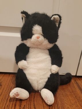 Sitting Calico Cat Plush 16in Black And White.  Brand Little Cucu EUC